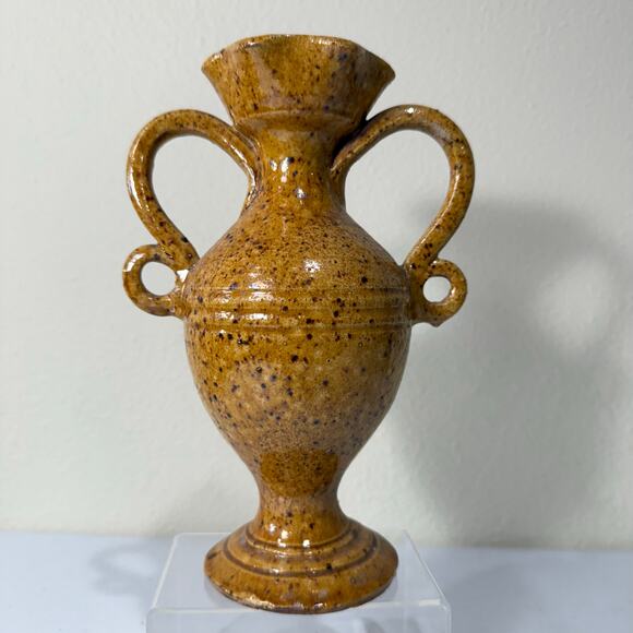 Vintage 1950's Toledo Spain Brown Yellow Speckled Glazed Pottery Vase 2 Handles